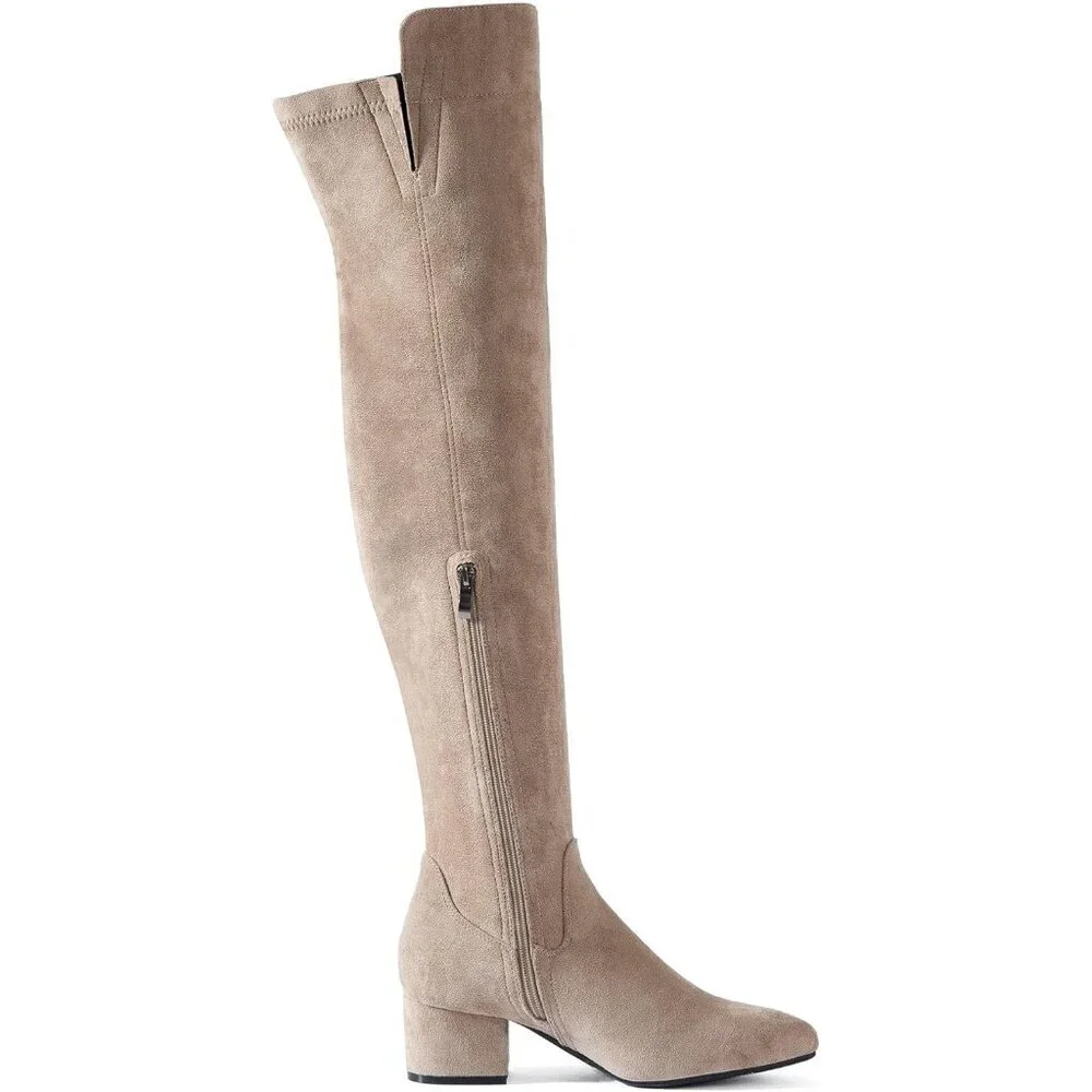 Women Cream/2 Inch Heel Faux Suede Over The Knee Thigh High Low Block Heel Boot